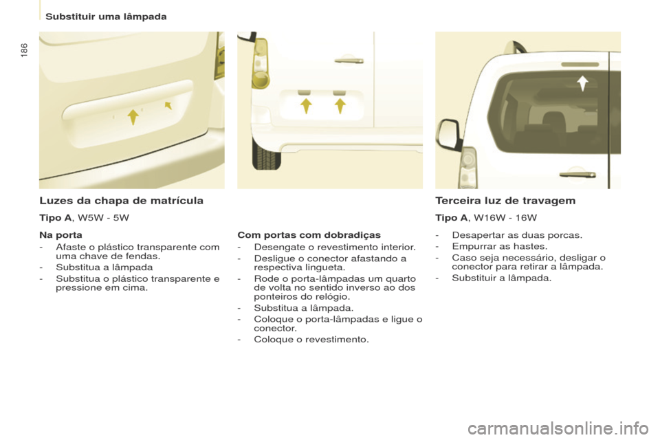 Peugeot Partner Tepee 2017 Manual do proprietário (in Portuguese) 186
Partner2VP_pt_Chap08_Aide-rapide_ed02-2016Partner2VP_pt_Chap08_Aide-rapide_ed02-2016
Luzes da chapa de matrícula
- Desapertar as duas porcas.
-
Empurrar as hastes.
-
Caso seja necessário, d Peugeot Partner Tepee 2017 Manual do proprietário (in Portuguese) 186
Partner2VP_pt_Chap08_Aide-rapide_ed02-2016Partner2VP_pt_Chap08_Aide-rapide_ed02-2016
Luzes da chapa de matrícula
- Desapertar as duas porcas.
-
Empurrar as hastes.
-
Caso seja necessário, d