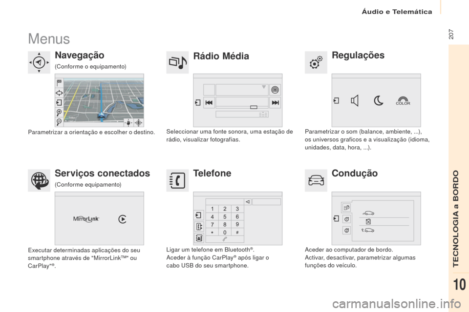 Peugeot Partner Tepee 2017  Manual do proprietário (in Portuguese)  207
Partner2VP_pt_Chap10a_SMEgplus_ed02-2016
Menus
Regulações
Rádio Média
Navegação
Condução
Serviços conectados Telefone
Parametrizar o som (balance, ambiente, ...), 
os universos graficos 