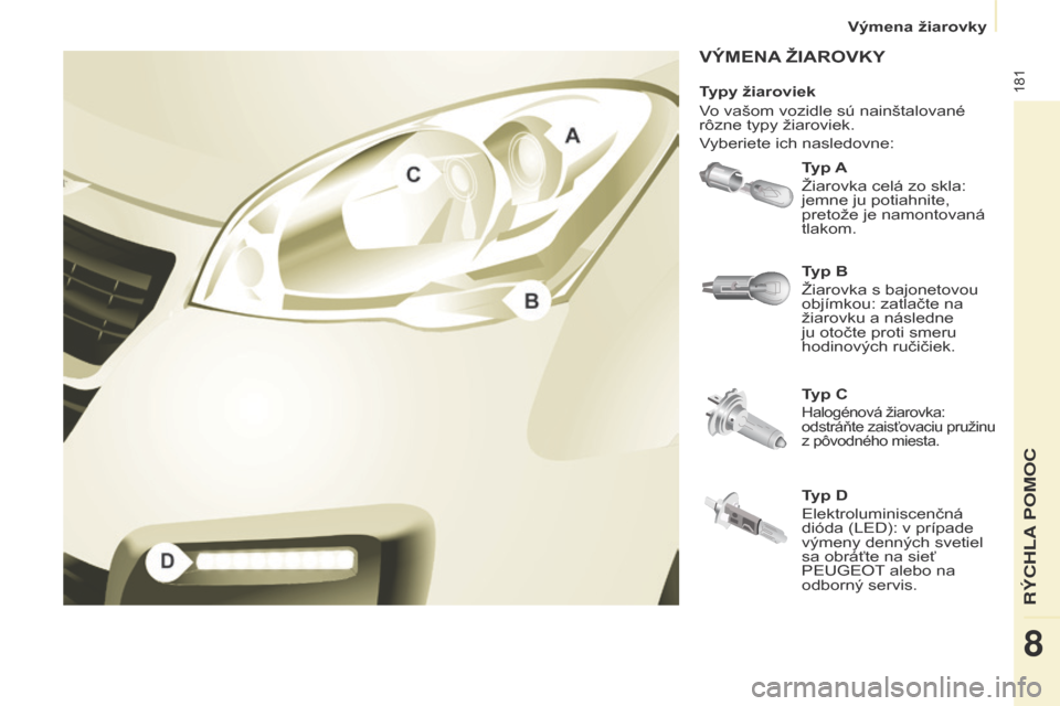 Peugeot Partner Tepee 2017  Užívateľská príručka (in Slovak) 181
Partner2VP_sk_Chap08_Aide-rapide_ed02-2016Partner2VP_sk_Chap08_Aide-rapide_ed02-2016
VÝMENA žIAROVKY
Typ A
Žiarovka celá zo skla: 
jemne ju potiahnite, 
pretože je namontovaná 
tlakom.
Typ C