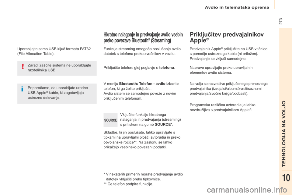 Peugeot Partner Tepee 2017 Priročnik za lastnika (in Slovenian) 273
Partner2VP_sl_Chap10b_RD45_ed02-2016
Uporabljajte samo USB ključ formata FAT32
(File Allocation Table).Priporočamo, da uporabljate uradne
USB Apple
® kable, ki zagotavljajo
ustrezno delovan Peugeot Partner Tepee 2017 Priročnik za lastnika (in Slovenian) 273
Partner2VP_sl_Chap10b_RD45_ed02-2016
Uporabljajte samo USB ključ formata FAT32
(File Allocation Table).Priporočamo, da uporabljate uradne
USB Apple
® kable, ki zagotavljajo
ustrezno delovan
