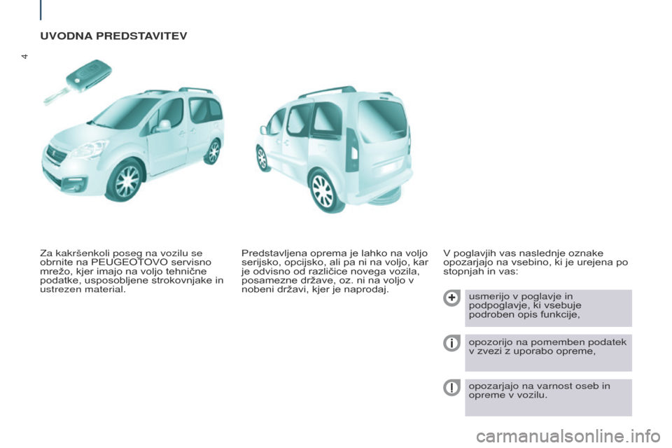 Peugeot Partner Tepee 2017  Priročnik za lastnika (in Slovenian) 4
Partner2VP_sl_Chap01_vue-ensemble_ed02-2016
UVODNA PREDSTAVITEV
V poglavjih vas naslednje oznake 
opozarjajo na vsebino, ki je urejena po 
stopnjah in vas:
usmerijo v poglavje in 
podpoglavje, ki vs