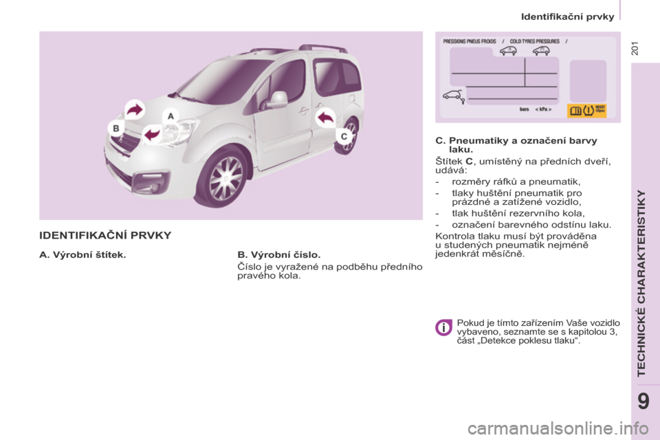 Peugeot Partner Tepee 2017  Návod k obsluze (in Czech)  201
Partner2VP_cs_Chap09_Caract-technique_ed02-2016Partner2VP_cs_Chap09_Caract-technique_ed02-2016
IDENTIFIKAČNÍ PRVKY
A. Výrobní štítek.C.   
Pneumatiky a označení barvy 
laku.
Štítek 
 C,