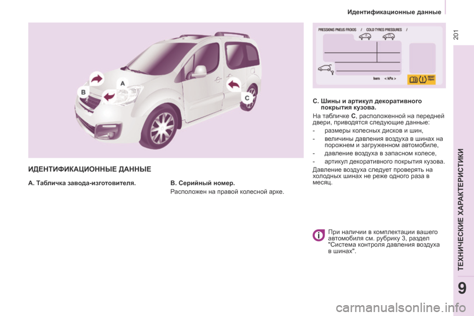 Peugeot Partner Tepee 2017 Инструкция по эксплуатации (in Russian) 201
Partner2VP_ru_Chap09_Caract-technique_ed02-2016Partner2VP_ru_Chap09_Caract-technique_ed02-2016
ИДЕНТИФИКАцИОННЫЕ ДАННЫЕ
A. Табличка завода-изготовит Peugeot Partner Tepee 2017 Инструкция по эксплуатации (in Russian) 201
Partner2VP_ru_Chap09_Caract-technique_ed02-2016Partner2VP_ru_Chap09_Caract-technique_ed02-2016
ИДЕНТИФИКАцИОННЫЕ ДАННЫЕ
A. Табличка завода-изготовит