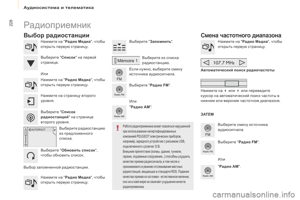 Peugeot Partner Tepee 2017  Инструкция по эксплуатации (in Russian) 228
Partner2VP_ru_Chap10a_SMEGplus_ed02-2016
Нажмите на "Радио Медиа ", чтобы 
открыть первую страницу.
Нажмите на " Радио Медиа ", чт