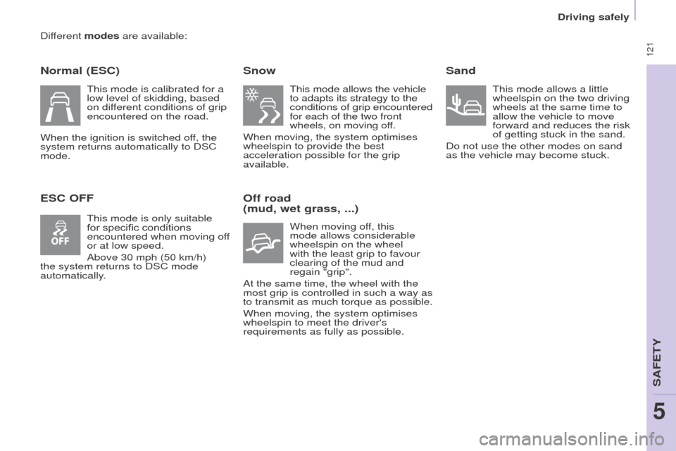 Peugeot Partner Tepee 2016 Owners Manual 121
Different modes are available:
Normal (eSC)
e
SC o FF Snow
This mode allows the vehicle
to adapts its strategy to the
conditions of grip encountered
for each of the two
front
wheels, on mo Peugeot Partner Tepee 2016 Owners Manual 121
Different modes are available:
Normal (eSC)
e
SC o FF Snow
This mode allows the vehicle
to adapts its strategy to the
conditions of grip encountered
for each of the two
front
wheels, on mo