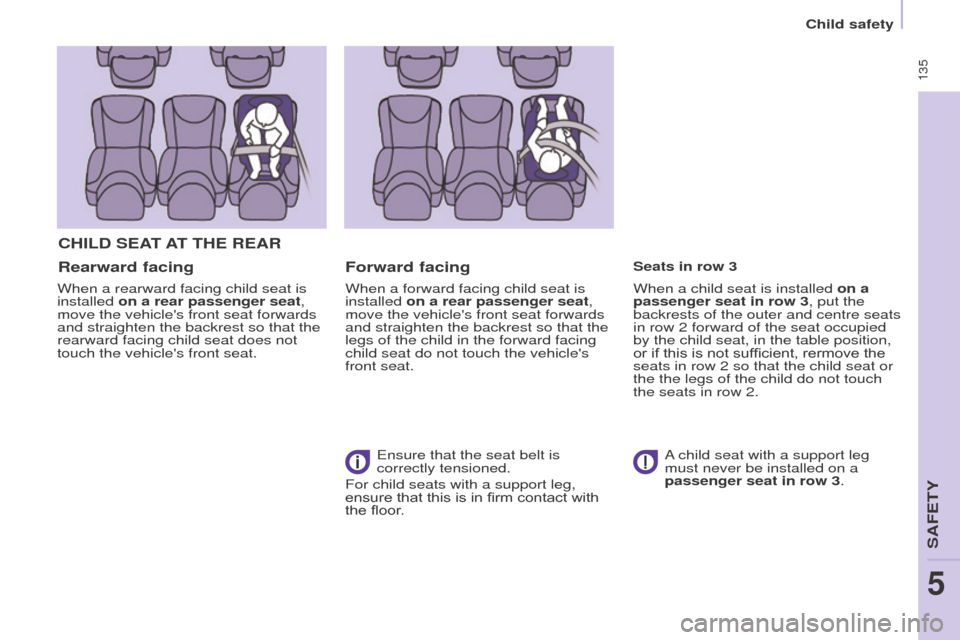 Peugeot Partner Tepee 2016 Owners Manual 135
CHILD SeAt At tH e R e AR
Rearward facing
When a rearward facing child seat is
installed on a rear passenger seat,
move the vehicles front seat forwards
and straighten the backrest so that t Peugeot Partner Tepee 2016 Owners Manual 135
CHILD SeAt At tH e R e AR
Rearward facing
When a rearward facing child seat is
installed on a rear passenger seat,
move the vehicles front seat forwards
and straighten the backrest so that t
