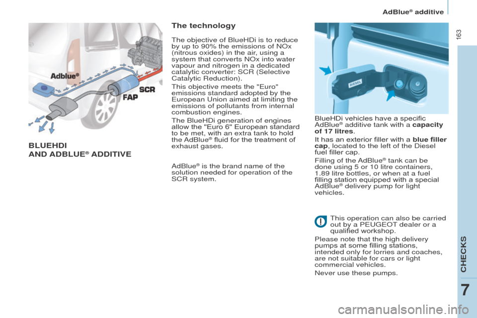 Peugeot Partner Tepee 2016  Owners Manual  163
BLueHDI
AND  A D B L ue® ADDItIVe
t
 he technology
AdBlue® is the brand name of the 
solution needed for operation of the 
SCR system. BlueHDi vehicles have a specific 
AdBlue
® additive tank 