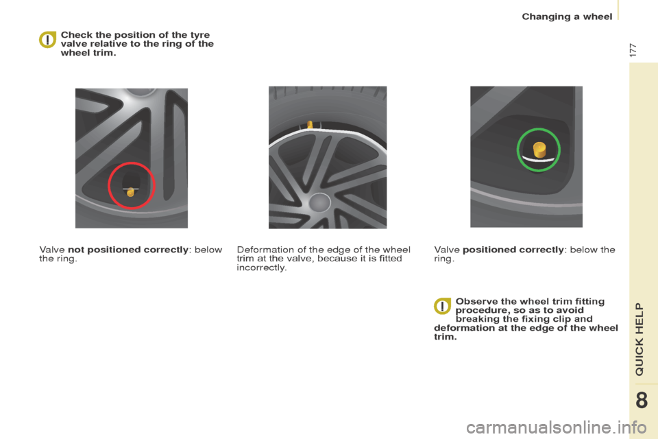 Peugeot Partner Tepee 2016  Owners Manual 177
Check the position of the tyre 
valve relative to the ring of the 
wheel trim.
Valve not positioned correctly: below 
the ring. Observe the wheel trim fitting 
procedure, so as to avoid 
breaking 