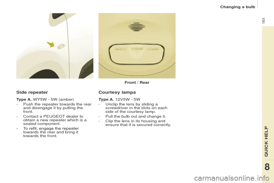 Peugeot Partner Tepee 2016 Owners Manual 183
Side repeater
type A, WY5W - 5W (amber)
-
Push the repeater towards the rear
and disengage it by pullin
g the
front.
-
Contact a P
eugeo T dealer to
obtain a new repeater which is a
seal Peugeot Partner Tepee 2016 Owners Manual 183
Side repeater
type A, WY5W - 5W (amber)
-
Push the repeater towards the rear
and disengage it by pullin
g the
front.
-
Contact a P
eugeo T dealer to
obtain a new repeater which is a
seal