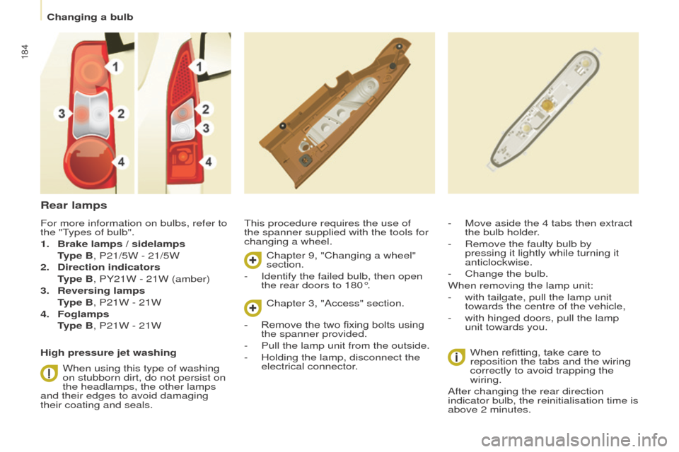 Peugeot Partner Tepee 2016 Owners Manual 184
Rear lamps
This procedure requires the use of
the spanner supplied with the tools for
changing a wheel.When refitting, take care to
reposition the tabs and the wiring
correctly to avoid trappi Peugeot Partner Tepee 2016 Owners Manual 184
Rear lamps
This procedure requires the use of
the spanner supplied with the tools for
changing a wheel.When refitting, take care to
reposition the tabs and the wiring
correctly to avoid trappi