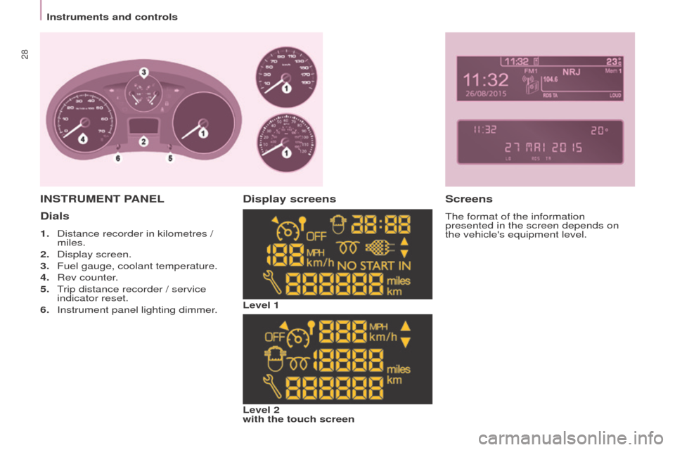 Peugeot Partner Tepee 2016 Owners Guide Instruments and controls
28
Dials
1. Distance recorder in kilometres /
miles.
2.
Display screen.
3.
Fuel gauge, coolant temperature.
4.
Rev counter
.
5.
T
rip distance recorder / service Peugeot Partner Tepee 2016 Owners Guide Instruments and controls
28
Dials
1. Distance recorder in kilometres /
miles.
2.
Display screen.
3.
Fuel gauge, coolant temperature.
4.
Rev counter
.
5.
T
rip distance recorder / service