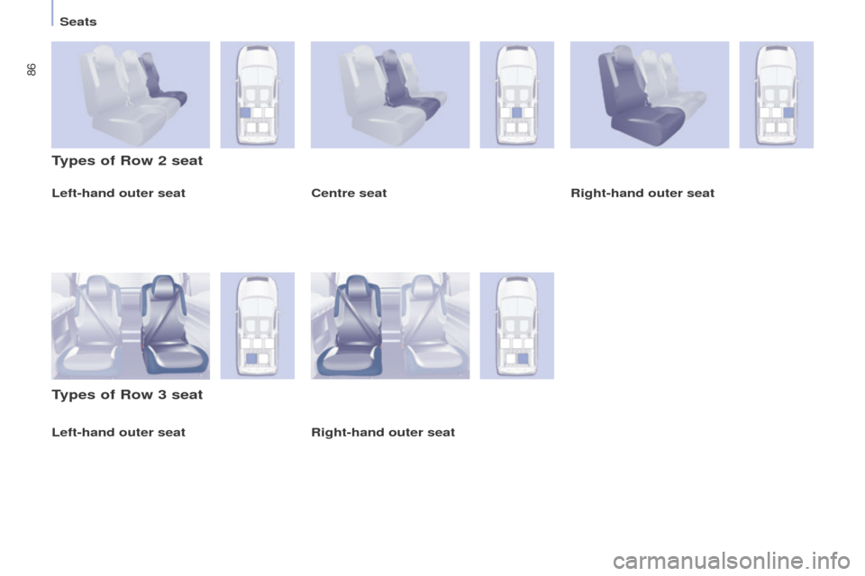 Peugeot Partner Tepee 2016 Manual Online 86
Seats
Left-hand outer seat
types of Row 2 seat
types of Row 3 seat
Centre seat Right-hand outer seat
Right-hand outer seat
Left-hand outer seat Peugeot Partner Tepee 2016 Manual Online 86
Seats
Left-hand outer seat
types of Row 2 seat
types of Row 3 seat
Centre seat Right-hand outer seat
Right-hand outer seat
Left-hand outer seat