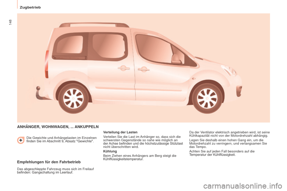 Peugeot Partner Tepee 2016 Betriebsanleitung (in German) 148
Zugbetrieb
Partner-2-VP_de_Chap06_Accessoire_ed02-2015
Die Gewichte und Anhängelasten im Einzelnen
finden Sie im Abschnitt 9, Absatz "Gewichte".
ANHäNGER, WOHNWAGEN, ... ANKUPPELN
Vert Peugeot Partner Tepee 2016 Betriebsanleitung (in German) 148
Zugbetrieb
Partner-2-VP_de_Chap06_Accessoire_ed02-2015
Die Gewichte und Anhängelasten im Einzelnen
finden Sie im Abschnitt 9, Absatz "Gewichte".
ANHäNGER, WOHNWAGEN, ... ANKUPPELN
Vert