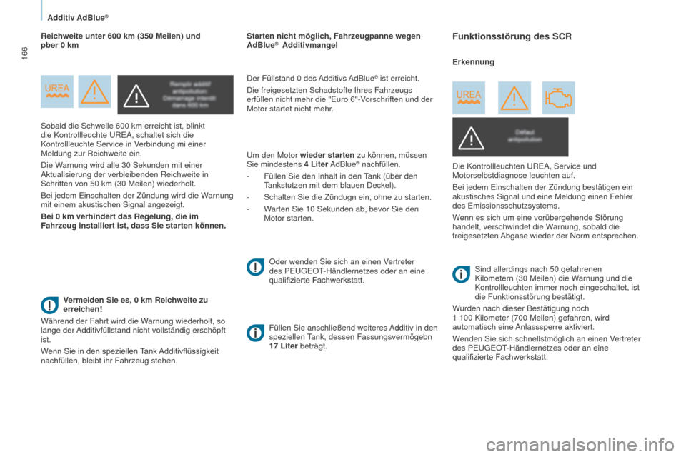 Peugeot Partner Tepee 2016  Betriebsanleitung (in German) 166
PARTNER-2-VP_DE_CHAP07_VERIFICATION_ED02-2015
Sobald die Schwelle 600 km erreicht ist, blinkt 
die Kontrollleuchte UREA, schaltet sich die 
Kontrollleuchte Service in V
erbindung mi einer 
Meldung