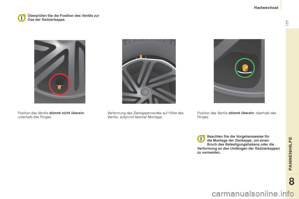 Peugeot Partner Tepee 2016 Betriebsanleitung (in German) 177
Partner-2-VP_de_Chap08_Aide-rapide_ed02-2015
Überprüfen Sie die Position des Ventils zur
Öse der Radzierkappe.
Position des Ventils stimmt nicht überein:
unterhalb des Ringes. Beachten Sie Peugeot Partner Tepee 2016 Betriebsanleitung (in German) 177
Partner-2-VP_de_Chap08_Aide-rapide_ed02-2015
Überprüfen Sie die Position des Ventils zur
Öse der Radzierkappe.
Position des Ventils stimmt nicht überein:
unterhalb des Ringes. Beachten Sie