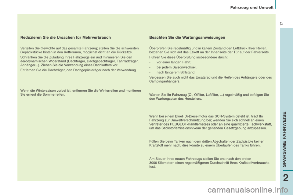 Peugeot Partner Tepee 2016 Betriebsanleitung (in German) 17
Fahrzeug und Umwelt
Reduzieren Sie die Ursachen für Mehrverbrauch
Verteilen Sie Gewichte auf das gesamte Fahrzeug; stellen Sie die schwerst\
en
Gepäckstücke hinten in den Kofferraum, möglichst Peugeot Partner Tepee 2016 Betriebsanleitung (in German) 17
Fahrzeug und Umwelt
Reduzieren Sie die Ursachen für Mehrverbrauch
Verteilen Sie Gewichte auf das gesamte Fahrzeug; stellen Sie die schwerst\
en
Gepäckstücke hinten in den Kofferraum, möglichst