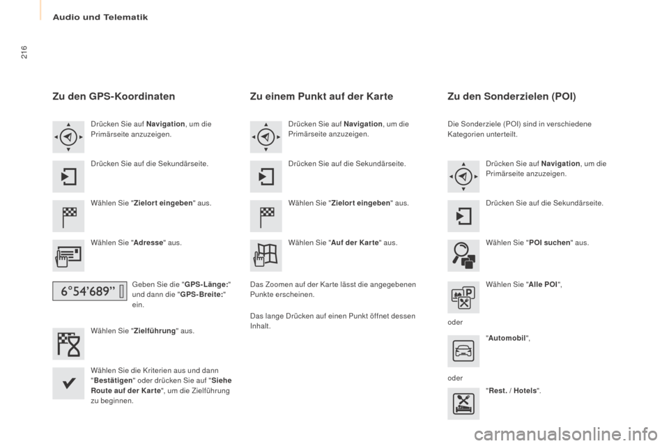 Peugeot Partner Tepee 2016 Betriebsanleitung (in German) 216
Partner-2-VP_de_Chap10a_SMEGplus_ed02-2015
Zu den GPS-Koordinaten
Wählen Sie "Zielort eingeben " aus.
Wählen Sie " Adresse" aus.
Geben Sie die " GPS- Länge:"
und dann die " GPS-Breite:"
ein.
Peugeot Partner Tepee 2016 Betriebsanleitung (in German) 216
Partner-2-VP_de_Chap10a_SMEGplus_ed02-2015
Zu den GPS-Koordinaten
Wählen Sie "Zielort eingeben " aus.
Wählen Sie " Adresse" aus.
Geben Sie die " GPS- Länge:"
und dann die " GPS-Breite:"
ein.