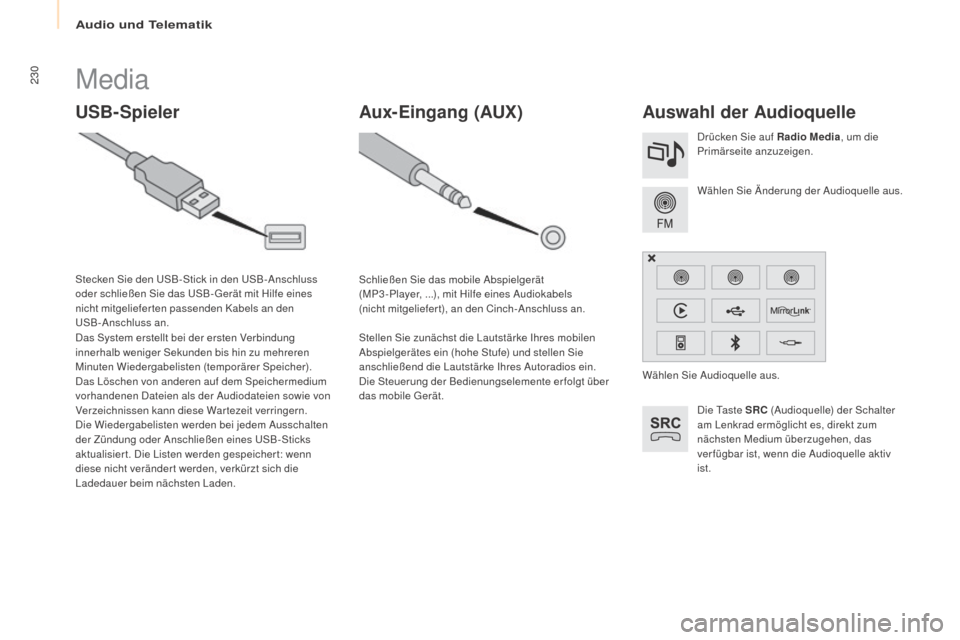 Peugeot Partner Tepee 2016  Betriebsanleitung (in German) 230
Partner-2-VP_de_Chap10a_SMEGplus_ed02-2015
Media
USB-SpielerAuswahl der Audioquelle
Die Taste SRC (Audioquelle) der Schalter 
am Lenkrad ermöglicht es, direkt zum 
nächsten Medium überzugehen, 