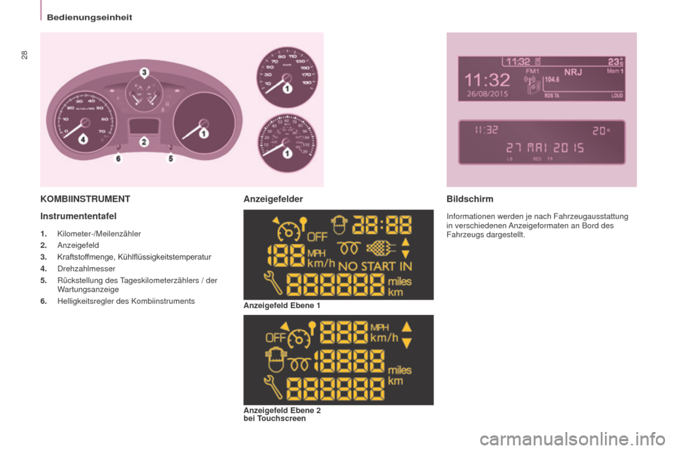 Peugeot Partner Tepee 2016  Betriebsanleitung (in German) Bedienungseinheit
28
Partner-2-VP_de_Chap03_Pret-a-partir_ed02-2015
Instrumententafel
1. Kilometer-/Meilenzähler
2.   Anzeigefeld
3.	 Kraftstoffmenge,
	 Kühlflüssigkeitstemperatur
4.
  Drehzahlmess