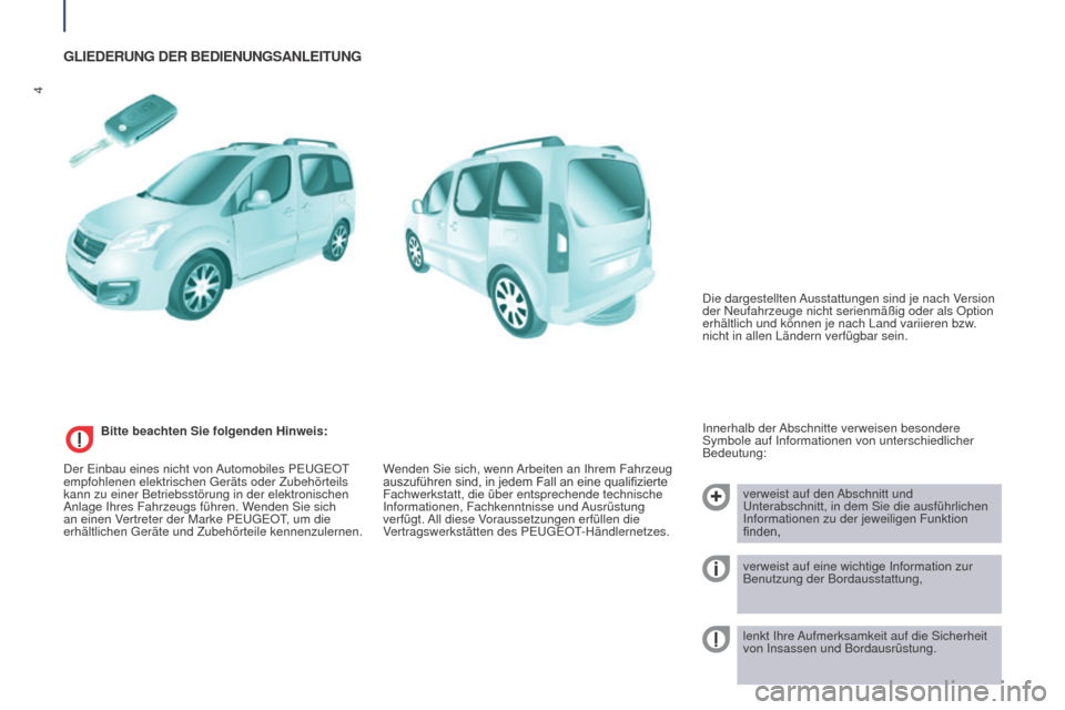 Peugeot Partner Tepee 2016  Betriebsanleitung (in German) 4
Partner-2-VP_de_Chap01_vue-ensemble_ed02-2015
GLIEDERUNG DER BEDIENUNGSANLEITUNG
Innerhalb der Abschnitte verweisen besondere 
Symbole auf Informationen von unterschiedlicher 
Bedeutung:verweist auf