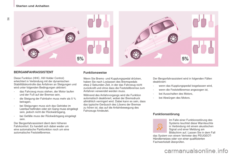 Peugeot Partner Tepee 2016 Betriebsanleitung (in German) 56
Partner-2-VP_de_Chap03_Pret-a-partir_ed02-2015
BERGANFAHRASSISTENT
Diese Funktion (HHC, Hill Holder Control)
erleichtert in Verbindung mit der dynamischen
Stabilitätskontrolle das Anfahren an St Peugeot Partner Tepee 2016 Betriebsanleitung (in German) 56
Partner-2-VP_de_Chap03_Pret-a-partir_ed02-2015
BERGANFAHRASSISTENT
Diese Funktion (HHC, Hill Holder Control)
erleichtert in Verbindung mit der dynamischen
Stabilitätskontrolle das Anfahren an St