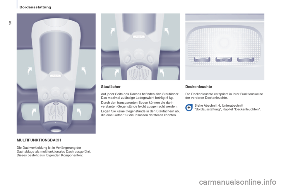 Peugeot Partner Tepee 2016 Betriebsanleitung (in German) 98
PARTNER-2-VP_DE_CHAP04_ERGONOMIE_ED02-2015
MULTIFUNKTIONSDACH
Die Dachverkleidung ist in Verlängerung der
Dachablage als multifunktionales Dach ausgeführt.
Dieses besteht aus folgenden Komponen Peugeot Partner Tepee 2016 Betriebsanleitung (in German) 98
PARTNER-2-VP_DE_CHAP04_ERGONOMIE_ED02-2015
MULTIFUNKTIONSDACH
Die Dachverkleidung ist in Verlängerung der
Dachablage als multifunktionales Dach ausgeführt.
Dieses besteht aus folgenden Komponen