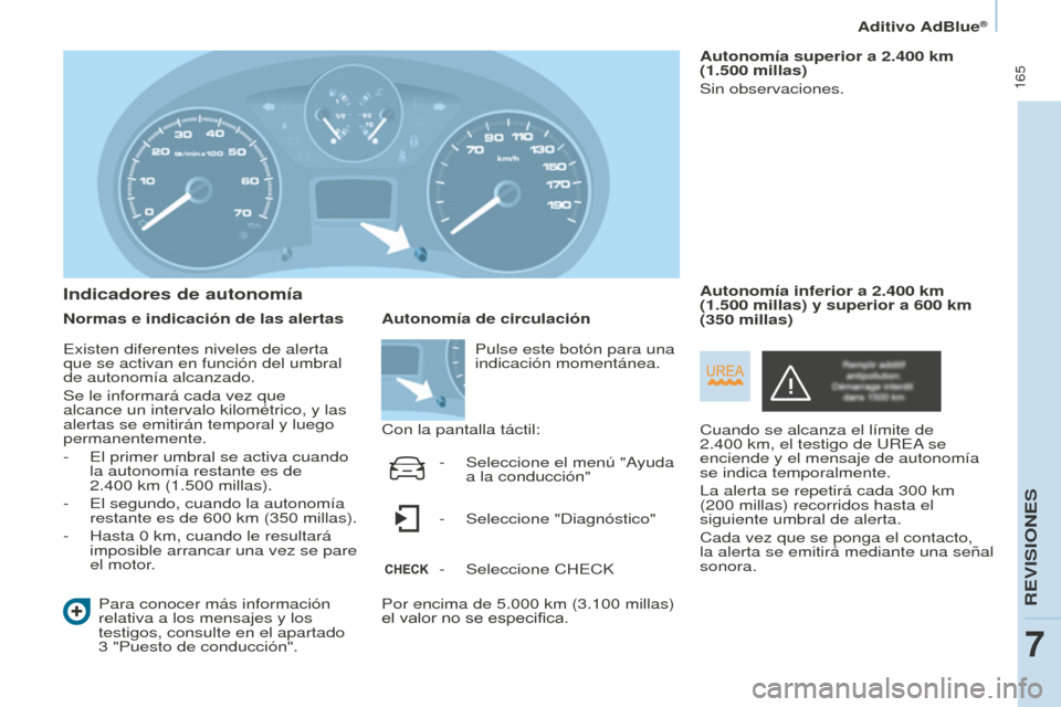 Peugeot Partner Tepee 2016  Manual del propietario (in Spanish)  165
Indicadores de autonomía
Normas e indicación de las alertasPara conocer más información 
relativa a los mensajes y los 
testigos, consulte en el apartado 
3
  "Puesto de conducción". Autonom