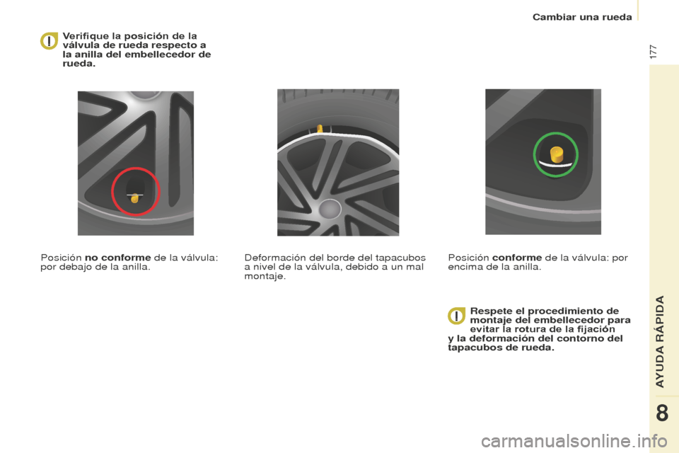 Peugeot Partner Tepee 2016 Manual del propietario (in Spanish) 177
Verifique la posición de la
válvula de rueda respecto a
la anilla del embellecedor de
rueda.
Posición no conforme de la válvula:
por debajo de la anilla. Respete el procedimiento de
mont Peugeot Partner Tepee 2016 Manual del propietario (in Spanish) 177
Verifique la posición de la
válvula de rueda respecto a
la anilla del embellecedor de
rueda.
Posición no conforme de la válvula:
por debajo de la anilla. Respete el procedimiento de
mont