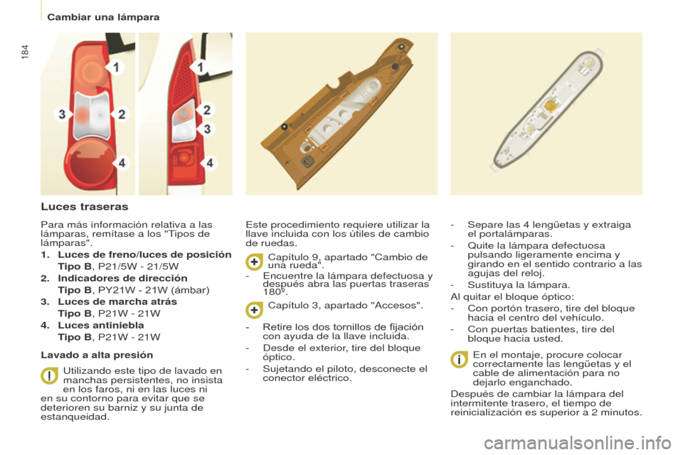 Peugeot Partner Tepee 2016  Manual del propietario (in Spanish) 184
Luces traseras
Este procedimiento requiere utilizar la 
llave incluida con los útiles de cambio 
de ruedas.En el montaje, procure colocar 
correctamente las lengüetas y el 
cable de alimentació