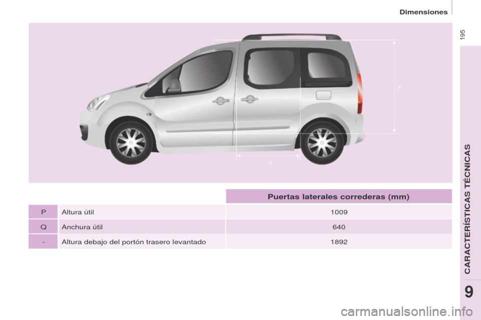 Peugeot Partner Tepee 2016  Manual del propietario (in Spanish)  195
P Altura útil1009
Q Anchura útil 640
- Altura debajo del portón trasero levantado 1892
Puertas laterales correderas (mm) 
Dimensiones
CARACTER