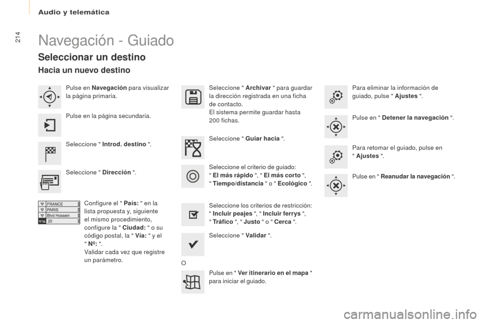 Peugeot Partner Tepee 2016  Manual del propietario (in Spanish) 214Navegación - Guiado
Seleccionar un destino
Seleccione " Introd. destino ".Seleccione " Archivar
 " para guardar 
la dirección registrada en una ficha 
de contacto.
El sistema permite guardar hast