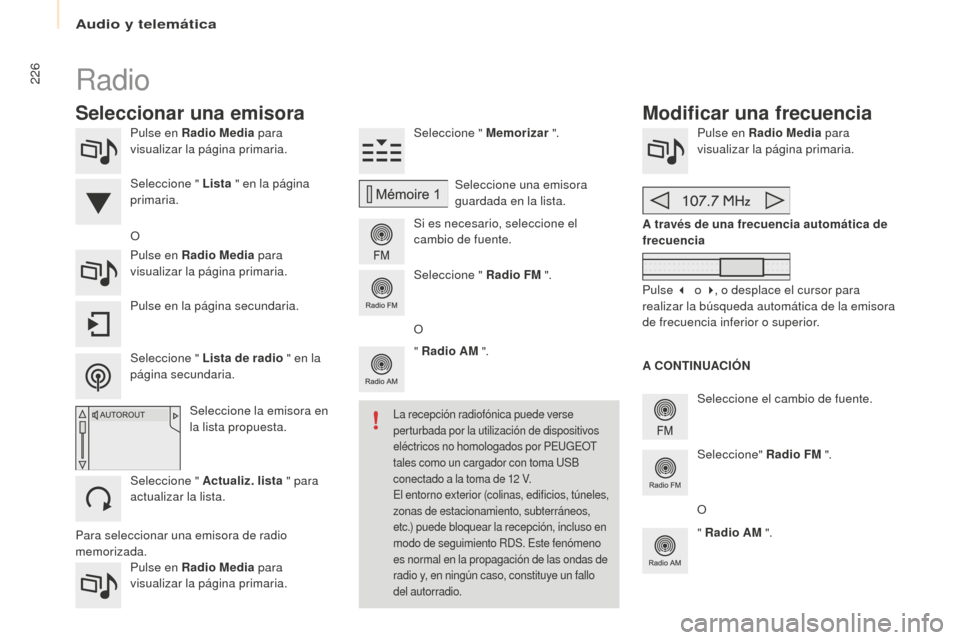 Peugeot Partner Tepee 2016  Manual del propietario (in Spanish) 226
Pulse en Radio Media para 
visualizar la página primaria.
Pulse en Radio Media  para 
visualizar la página primaria. Seleccione " Memorizar
 ".
Si es necesario, seleccione el 
cambio de fuente. 