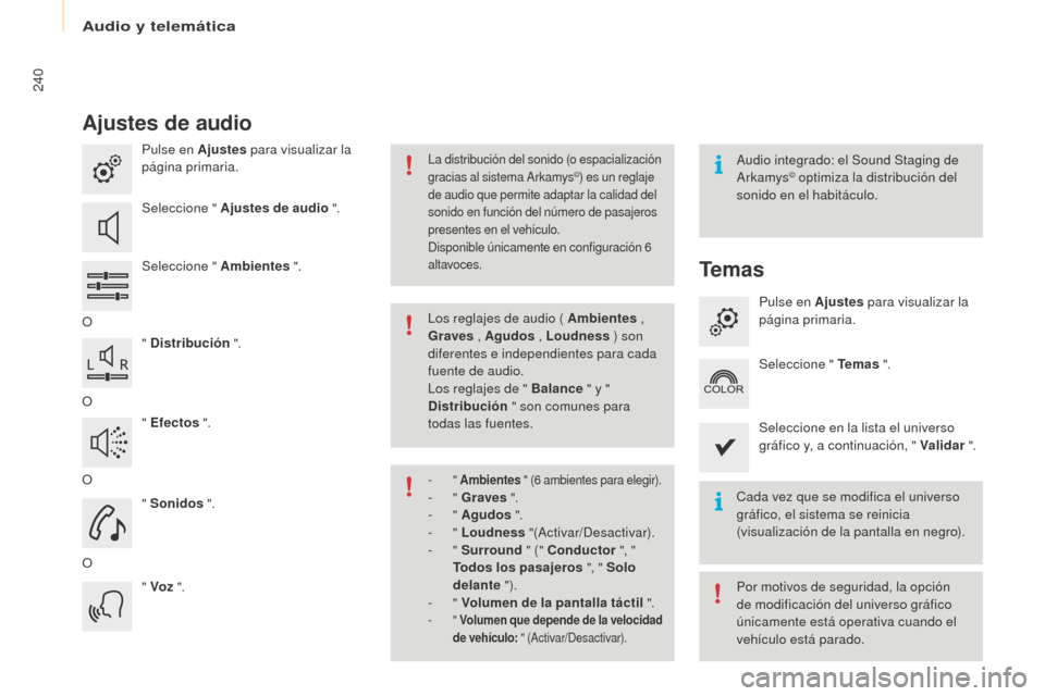 Peugeot Partner Tepee 2016  Manual del propietario (in Spanish) 240
Ajustes de audio
Pulse en Ajustes para visualizar la 
página primaria.
Seleccione " Ajustes de audio ".
Seleccione " Ambientes  ".
O " Distribución  ".
O " Efectos ".
O " Sonidos  ".
O " Voz ". 