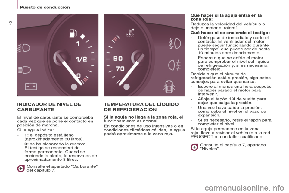 Peugeot Partner Tepee 2016  Manual del propietario (in Spanish) Puesto de conducción
40
INDICADOR DE NIVEL DE  
CARBURANTE
T EMPERATURA  DEL  LÍ q UIDO  
DE

  REFRIGERACIÓN
Si la aguja no llega a la zona roja, el 
funcionamiento es normal.
En condiciones de us