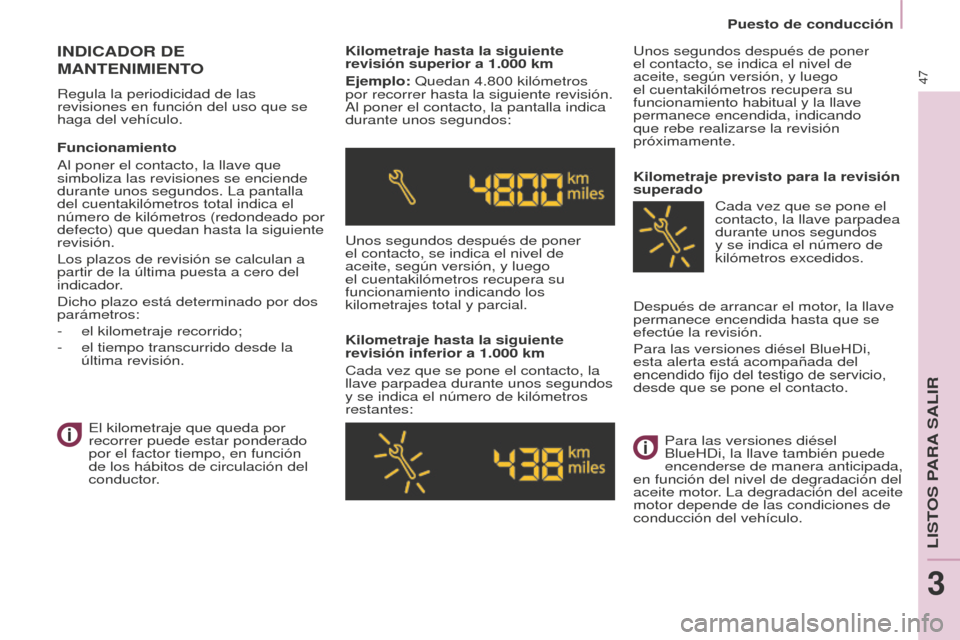 Peugeot Partner Tepee 2016  Manual del propietario (in Spanish) Puesto de conducción
47
INDICADOR DE 
MANTENIMIENT
O
Regula la periodicidad de las 
revisiones en función del uso que se 
haga del vehículo. Kilometraje hasta la siguiente 
revisión superior a 1.0