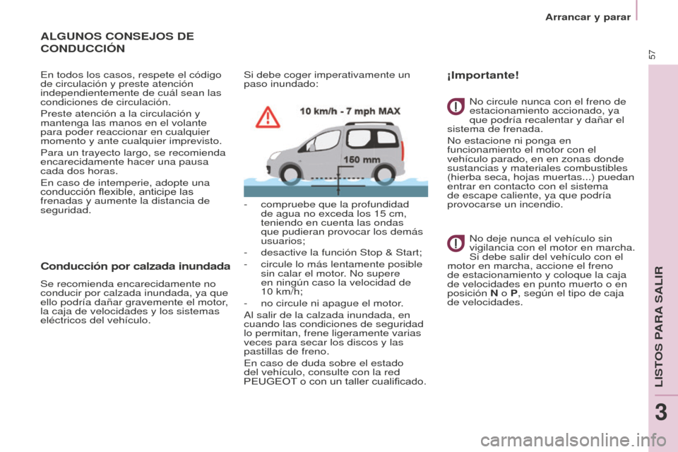 Peugeot Partner Tepee 2016  Manual del propietario (in Spanish) 57
ALGUNOS CONSEJOS DE 
CONDUCCIÓN
En todos los casos, respete el código 
de circulación y preste atención 
independientemente de cuál sean las 
condiciones de circulación.
Preste atención a la