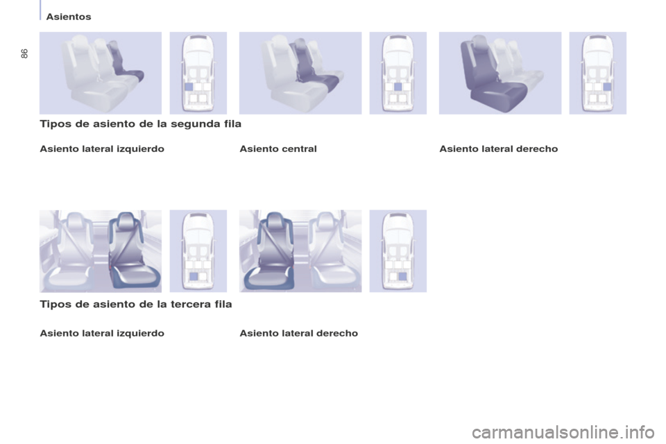 Peugeot Partner Tepee 2016  Manual del propietario (in Spanish) 86
Asientos
Asiento lateral izquierdo
Tipos de asiento de la segunda fila
Tipos de asiento de la tercera fila
Asiento central Asiento lateral derecho
Asiento lateral derecho
Asiento lateral izquierdo 