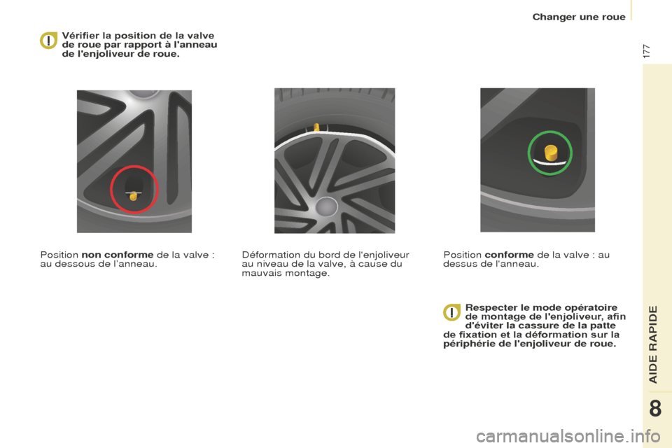 Peugeot Partner Tepee 2016 Manuel du propriétaire (in French) 177
Changer une roue
Vérifier la position de la valve
de roue par rapport à lanneau
de lenjoliveur de roue.
Position non conforme de la valve :
au dessous de l’anneau. Respecter le mode opér Peugeot Partner Tepee 2016 Manuel du propriétaire (in French) 177
Changer une roue
Vérifier la position de la valve
de roue par rapport à lanneau
de lenjoliveur de roue.
Position non conforme de la valve :
au dessous de l’anneau. Respecter le mode opér