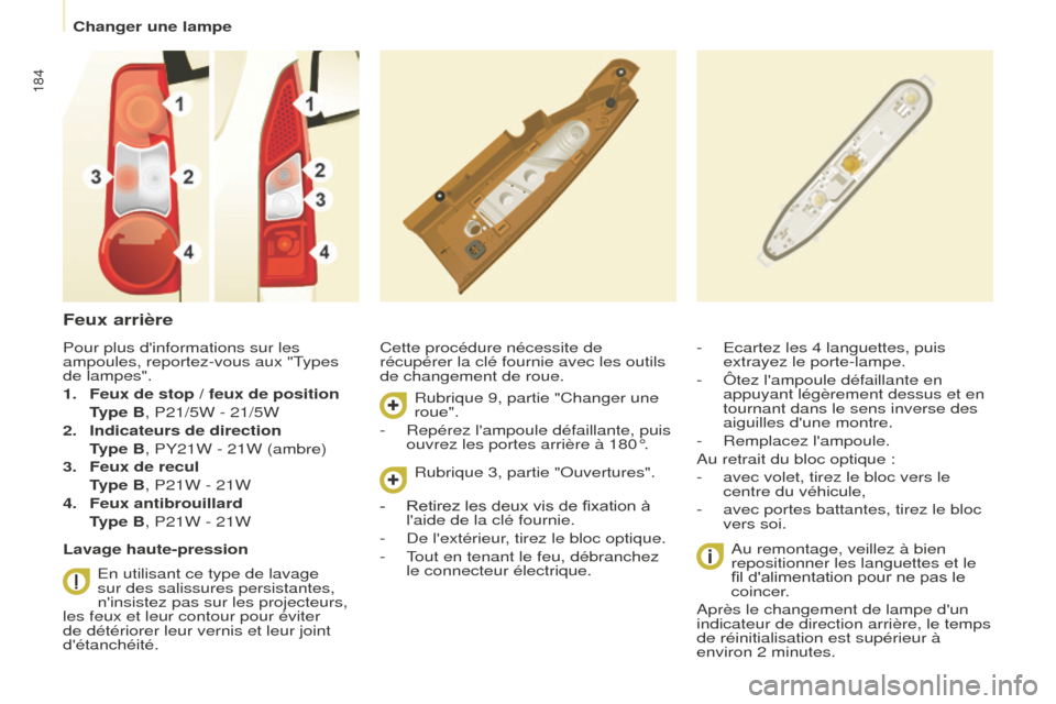 Peugeot Partner Tepee 2016 Manuel du propriétaire (in French) 184
Changer une lampe
Feux arrière
Cette procédure nécessite de
récupérer la clé fournie avec les outils
de changement de roue.Au remontage, veillez à bien
repositionner les languettes et le Peugeot Partner Tepee 2016 Manuel du propriétaire (in French) 184
Changer une lampe
Feux arrière
Cette procédure nécessite de
récupérer la clé fournie avec les outils
de changement de roue.Au remontage, veillez à bien
repositionner les languettes et le