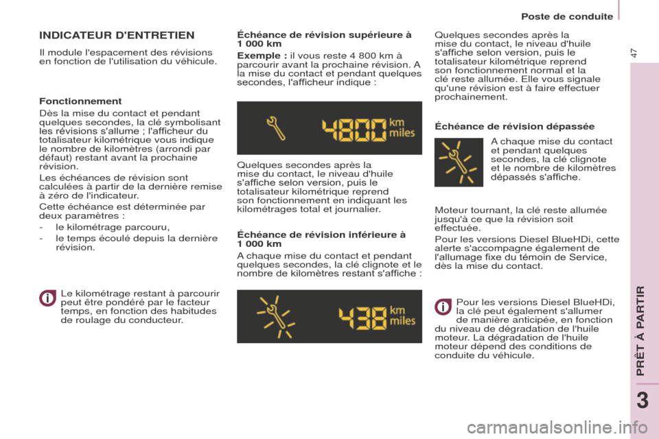 Peugeot Partner Tepee 2016 Manuel du propriétaire (in French) Poste de conduite
47
INDICATEUR DENTRETIEN
Il module lespacement des révisions
en fonction de lutilisation du véhicule.Échéance de révision supérieure à
1 000 km
Exemple : il vous reste 4 Peugeot Partner Tepee 2016 Manuel du propriétaire (in French) Poste de conduite
47
INDICATEUR DENTRETIEN
Il module lespacement des révisions
en fonction de lutilisation du véhicule.Échéance de révision supérieure à
1 000 km
Exemple : il vous reste 4