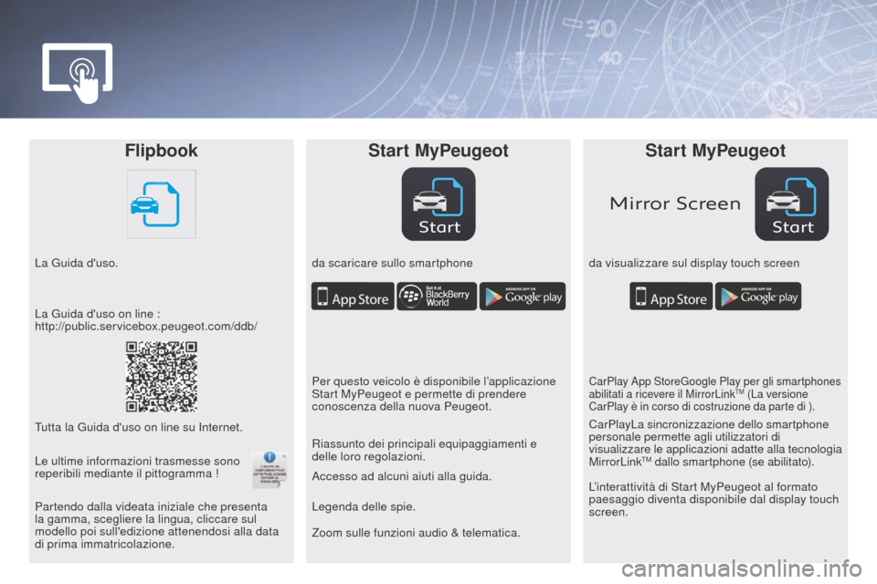 Peugeot Partner Tepee 2016  Manuale del proprietario (in Italian) StartStart
Mirror Screen
FlipbookStart MyPeugeot Start MyPeugeot
La Guida duso. da scaricare sullo smartphoneda visualizzare sul display touch screen
Zoom sulle funzioni audio & telematica. Accesso a