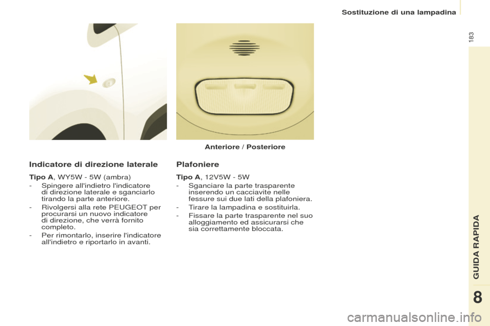 Peugeot Partner Tepee 2016  Manuale del proprietario (in Italian) 183
Indicatore di direzione laterale
Tipo A, WY5W - 5W (ambra)
- 
Spingere allindietro lindicatore 
di direzione laterale e sganciarlo 
tirando la parte anteriore.
-

 
Rivolgersi alla rete PEUGEOT
