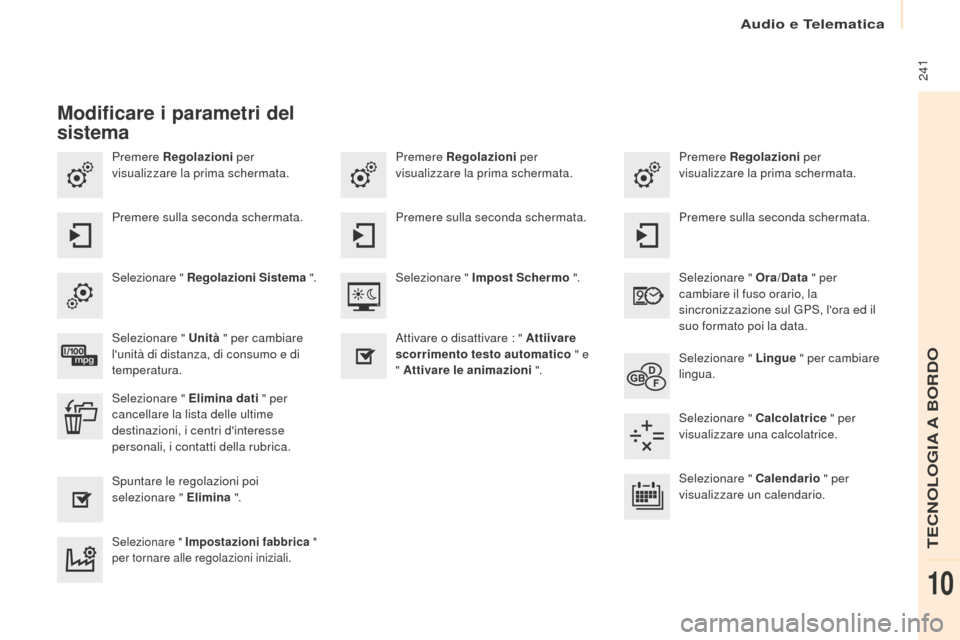 Peugeot Partner Tepee 2016  Manuale del proprietario (in Italian)  241
Premere Regolazioni per 
visualizzare la prima schermata. Premere Regolazioni
 per 
visualizzare la prima schermata.
Premere Regolazioni
 per 
visualizzare la prima schermata.
Premere sulla secon