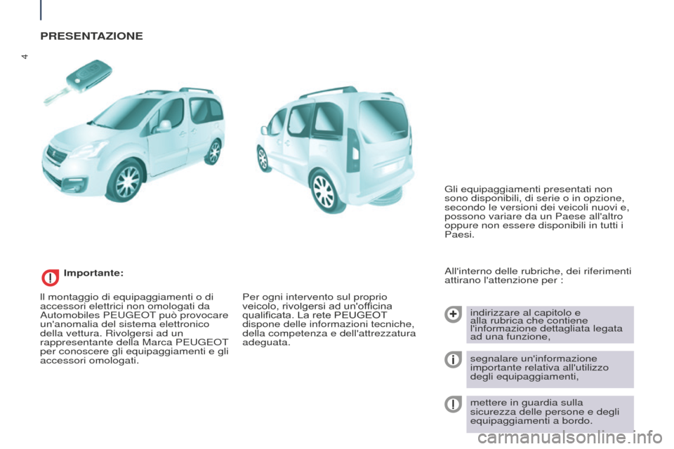 Peugeot Partner Tepee 2016  Manuale del proprietario (in Italian) 4
PRESENTAZIONE
Allinterno delle rubriche, dei riferimenti 
attirano lattenzione per : indirizzare al capitolo e 
alla rubrica che contiene 
linformazione dettagliata legata 
ad una funzione,
segna