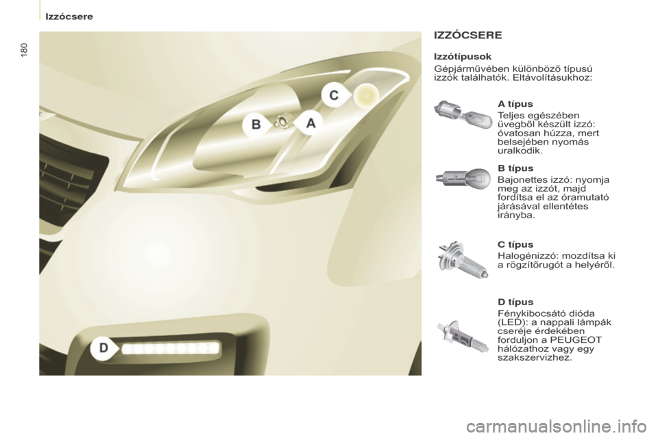 Peugeot Partner Tepee 2016 Kezelési útmutató (in Hungarian) 180
Partner-2-VP_hu_Chap08_Aide-rapide_ed02-2015Partner-2-VP_hu_Chap08_Aide-rapide_ed02-2015
IZZÓCSERE
A típus
Teljes egészében
üvegből készült izzó:
óvatosan húzza, mert
belsejében nyo Peugeot Partner Tepee 2016 Kezelési útmutató (in Hungarian) 180
Partner-2-VP_hu_Chap08_Aide-rapide_ed02-2015Partner-2-VP_hu_Chap08_Aide-rapide_ed02-2015
IZZÓCSERE
A típus
Teljes egészében
üvegből készült izzó:
óvatosan húzza, mert
belsejében nyo