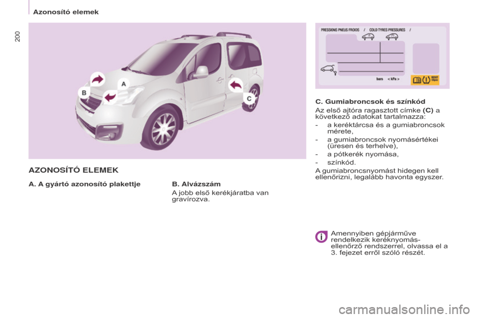 Peugeot Partner Tepee 2016 Kezelési útmutató (in Hungarian) 200
Partner-2-VP_hu_Chap09_Caract-technique_ed02-2015Partner-2-VP_hu_Chap09_Caract-technique_ed02-2015
AZONOSÍTÓ ELEMEK
A. A gyártó azonosító plakettjeC. Gumiabroncsok és színkód
Az első ajt Peugeot Partner Tepee 2016 Kezelési útmutató (in Hungarian) 200
Partner-2-VP_hu_Chap09_Caract-technique_ed02-2015Partner-2-VP_hu_Chap09_Caract-technique_ed02-2015
AZONOSÍTÓ ELEMEK
A. A gyártó azonosító plakettjeC. Gumiabroncsok és színkód
Az első ajt