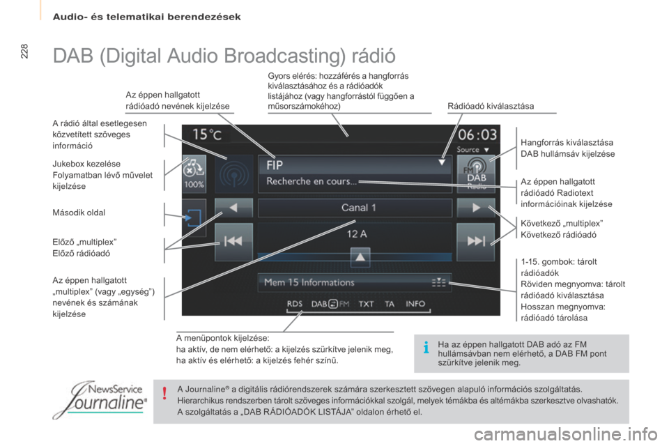 Peugeot Partner Tepee 2016  Kezelési útmutató (in Hungarian) Audio- és telematikai berendezések
228
Partner-2-VP_hu_Chap10a_SMEGplus_ed02-2015
A menüpontok kijelzése:
ha aktív, de nem elérhető: a kijelzés szürkítve jelenik meg,
ha aktív és elérhet