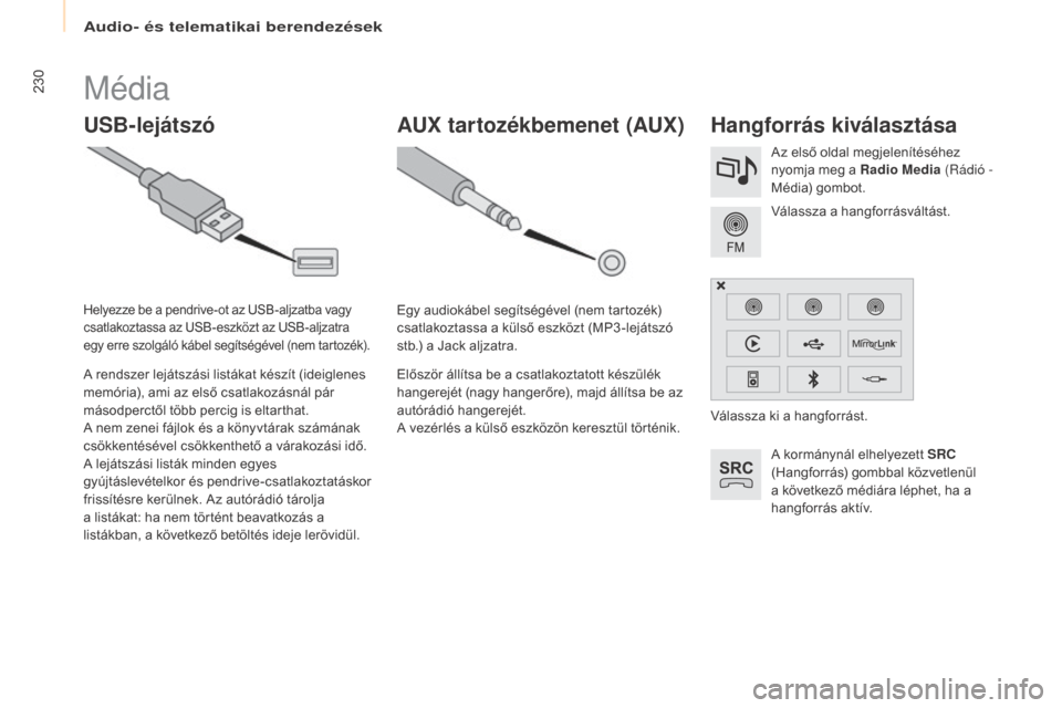 Peugeot Partner Tepee 2016 Kezelési útmutató (in Hungarian) Audio- és telematikai berendezések
230
Partner-2-VP_hu_Chap10a_SMEGplus_ed02-2015
Média
USB-lejátszóHangforrás kiválasztása
A kormánynál elhelyezett SRC
(Hangforrás) gombbal közvetlenül Peugeot Partner Tepee 2016 Kezelési útmutató (in Hungarian) Audio- és telematikai berendezések
230
Partner-2-VP_hu_Chap10a_SMEGplus_ed02-2015
Média
USB-lejátszóHangforrás kiválasztása
A kormánynál elhelyezett SRC
(Hangforrás) gombbal közvetlenül
