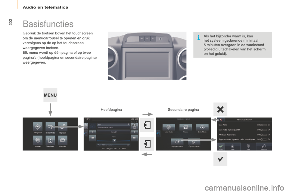 Peugeot Partner Tepee 2016 Handleiding (in Dutch) Audio en telematica
202
Partner-2-VP_nl_Chap10a_SMEGplus_ed02-2015
Basisfuncties
Gebruik de toetsen boven het touchscreen
om de menucarrousel te openen en druk
vervolgens op de op het touchscreen
w Peugeot Partner Tepee 2016 Handleiding (in Dutch) Audio en telematica
202
Partner-2-VP_nl_Chap10a_SMEGplus_ed02-2015
Basisfuncties
Gebruik de toetsen boven het touchscreen
om de menucarrousel te openen en druk
vervolgens op de op het touchscreen
w