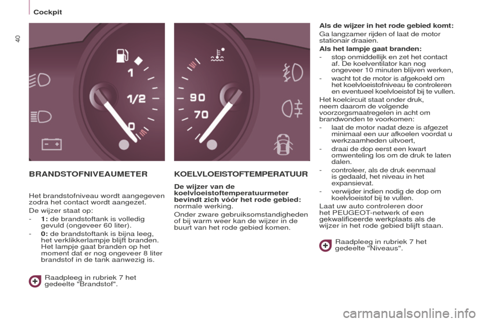 Peugeot Partner Tepee 2016 Handleiding (in Dutch) Cockpit
40
Partner-2-VP_nl_Chap03_Pret-a-partir_ed02-2015
BRANDSTOFNIVEAUMETERkOEL VLOEISTOFTEMPERATUUR
De wijzer van de
koelvloeistoftemperatuurmeter
bevindt zich vóór het rode gebied:
normale w Peugeot Partner Tepee 2016 Handleiding (in Dutch) Cockpit
40
Partner-2-VP_nl_Chap03_Pret-a-partir_ed02-2015
BRANDSTOFNIVEAUMETERkOEL VLOEISTOFTEMPERATUUR
De wijzer van de
koelvloeistoftemperatuurmeter
bevindt zich vóór het rode gebied:
normale w